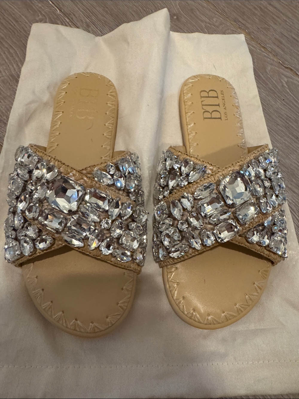 New never worn! BTB Embellished Crystal Slide Sandals - Beige/crystal